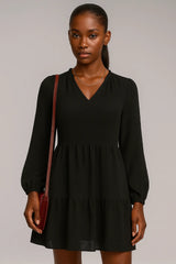 雪纺长袖 V 领 A 字原创连衣裙