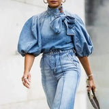 Vintage Puff-Sleeve Denim Blouse with Statement Bow-1