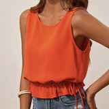Ladies' Solid Color Ruffle Hem Sleeveless Vest Top with Waist Drawstring