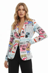 Trendy women's multicolor graphic print blazer with newspaper pop art design, statement jacket for modern street style