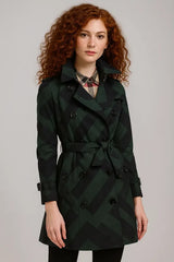 Dark green patterned trench coat for women - stylish belted outerwear for fall fashion
