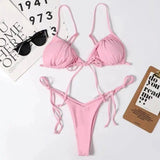 Ladies Swimsuit Solid Color Split Drawstring Thong-Pink-1