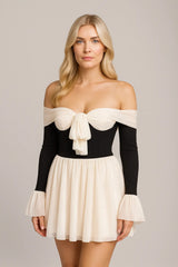 女士露肩拼色连衣裙