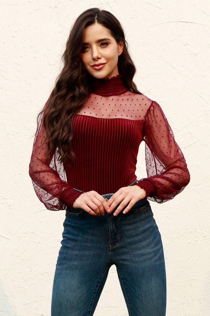 Mesh Long Sleeve Velvet Bodysuit-Burgundy-5