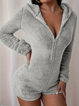 Furry Half Zip Long Sleeve Hooded Bodysuit-2