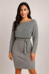 2 件套装 女式纯色条纹长袖上衣和紧身吊带裙 时尚秋冬修身服装