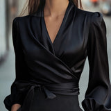 Satin V-Neck Tie Waist Blouse