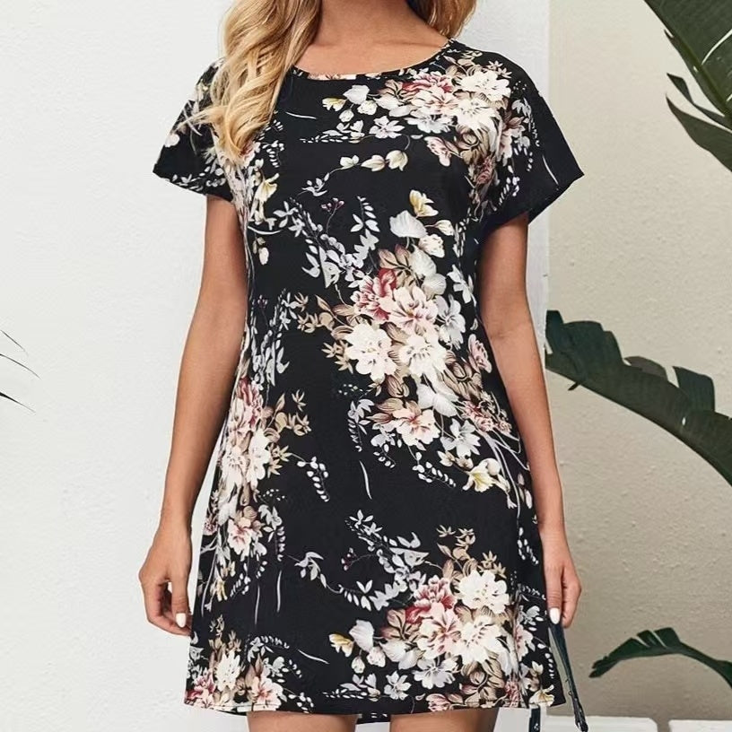 Ladies' Floral Print Skirt with Batwing Sleeves – Casual Pullover Round Neck Dress