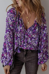 Floral Tie Neck Balloon Sleeve Blouse-Purple-1