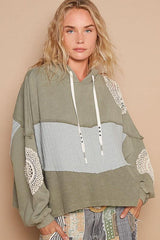 POL Openwork Contrast Dropped Shoulder Hoodie-Sage-1