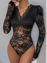 Perfee Lace V-Neck Long Sleeve Bodysuit-3