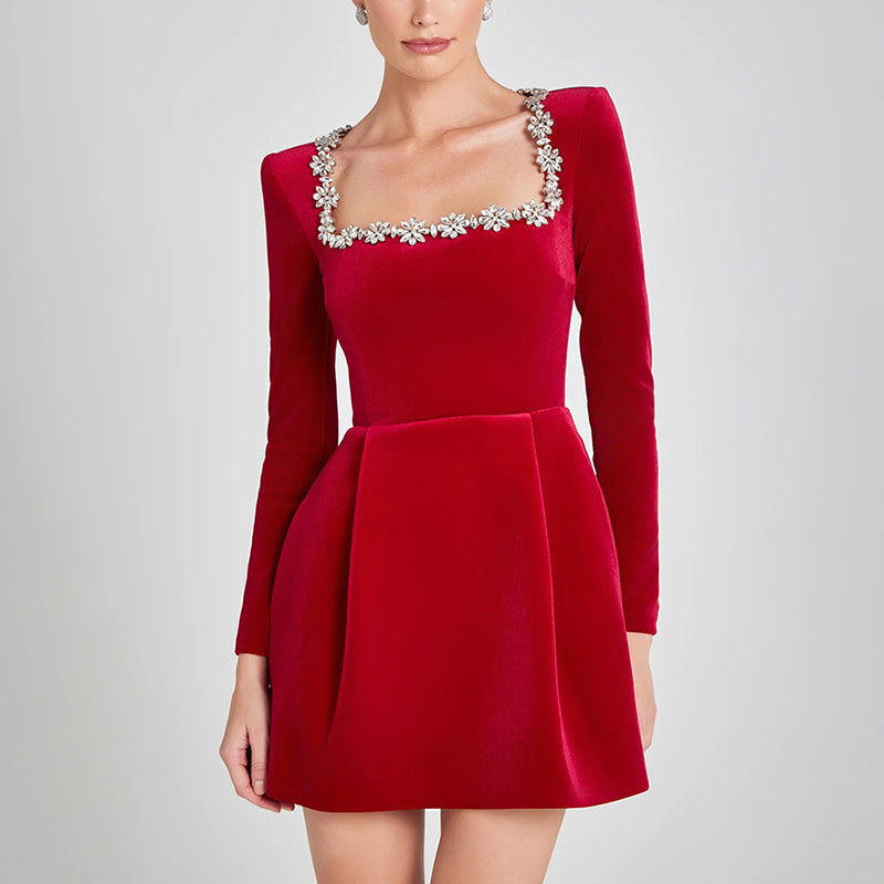 Velvet Rhinestone Mini Dress