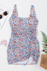 Drawstring Printed Wide Strap Swim Dress-3