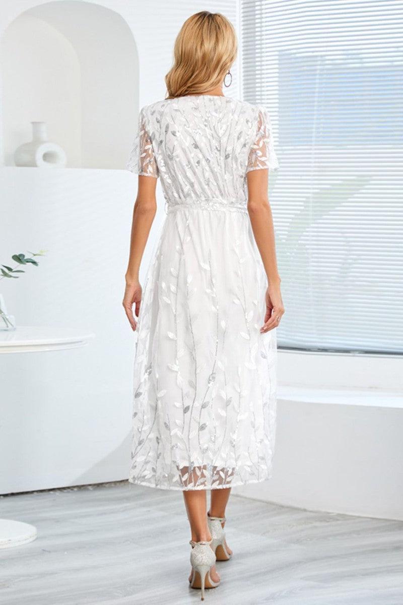 Sequin Leaf Embroidery Tie Front Short Sleeve Dress-11