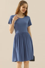 Ninexis Full Size Round Neck Ruched Dress with Pockets-DENIMBLUE-8