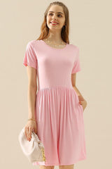 Ninexis Full Size Round Neck Ruched Dress with Pockets-LT PINK-3