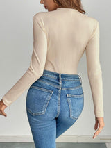 Perfee Decorative Button Round Neck Long Sleeve Bodysuit-2