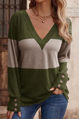 Decorative Button Contrast V-Neck Long Sleeve T-Shirt-Taupe-4