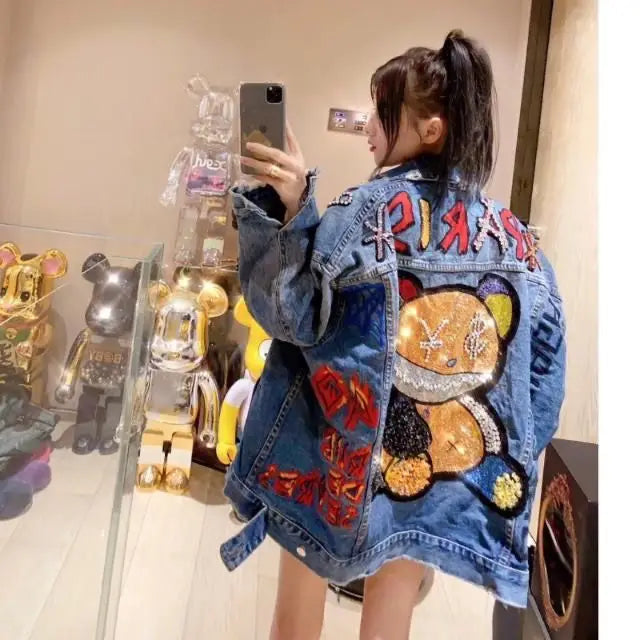 Oversized Denim Jacket with Cartoon Embellishments – Vibrant Street Style