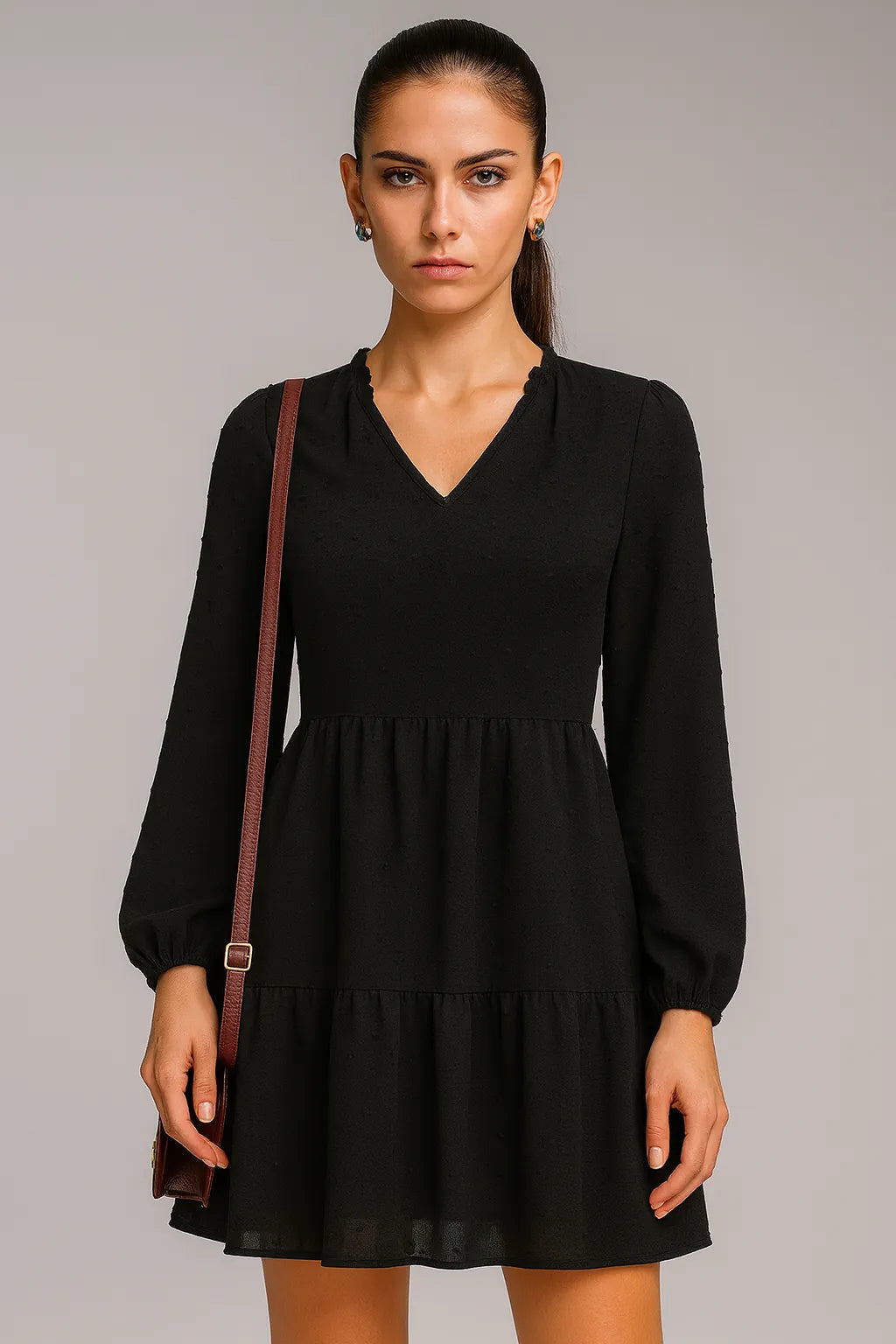 雪纺长袖 V 领 A 字原创连衣裙