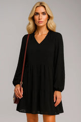 雪纺长袖 V 领 A 字原创连衣裙