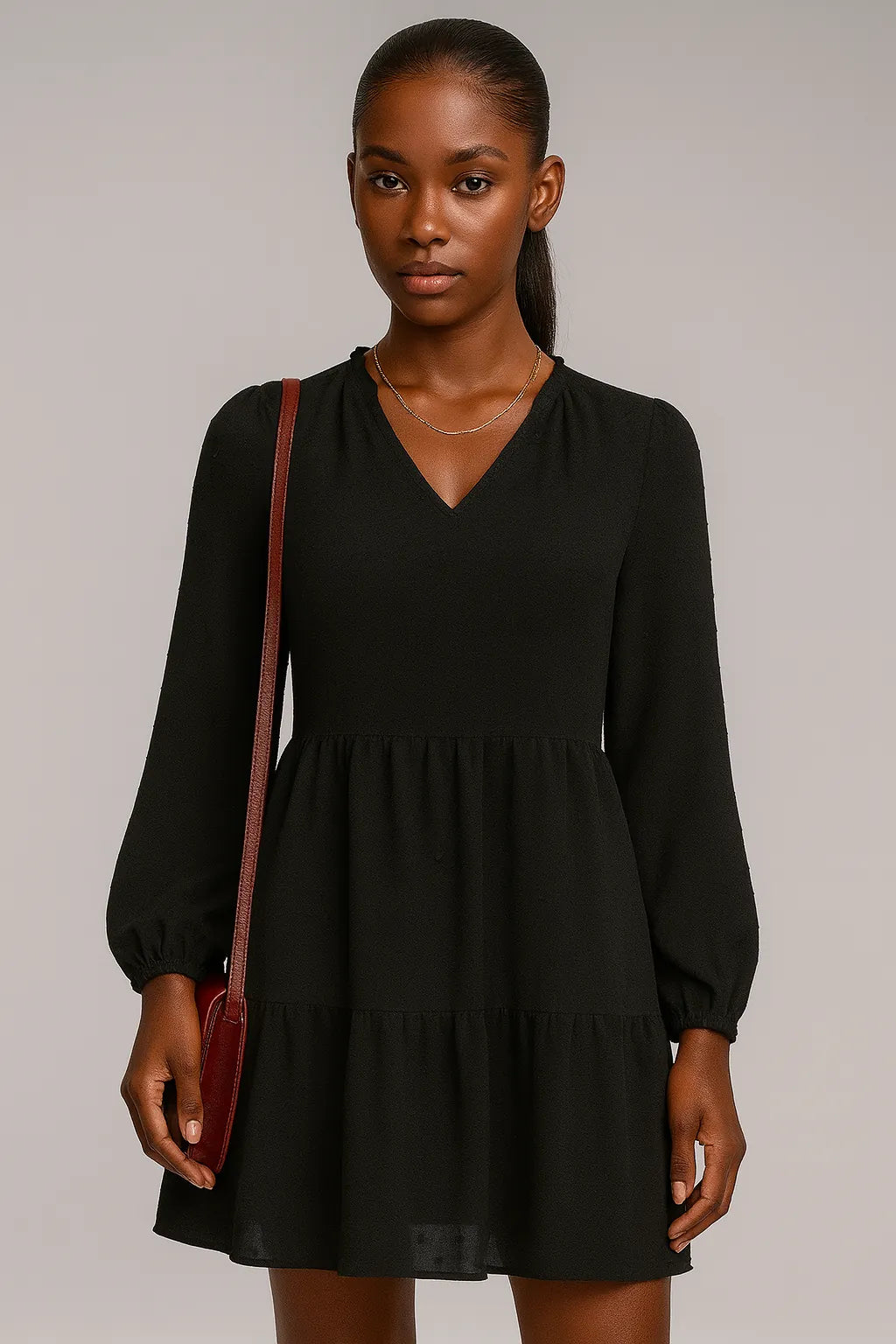 雪纺长袖 V 领 A 字原创连衣裙