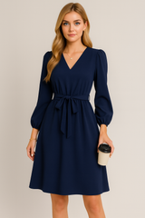 秋冬欧美女装长袖小 V 领系带连衣裙