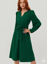 秋冬欧美女装长袖小 V 领系带连衣裙