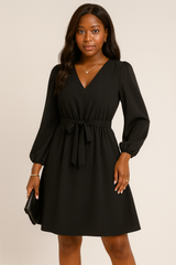 秋冬欧美女装长袖小 V 领系带连衣裙