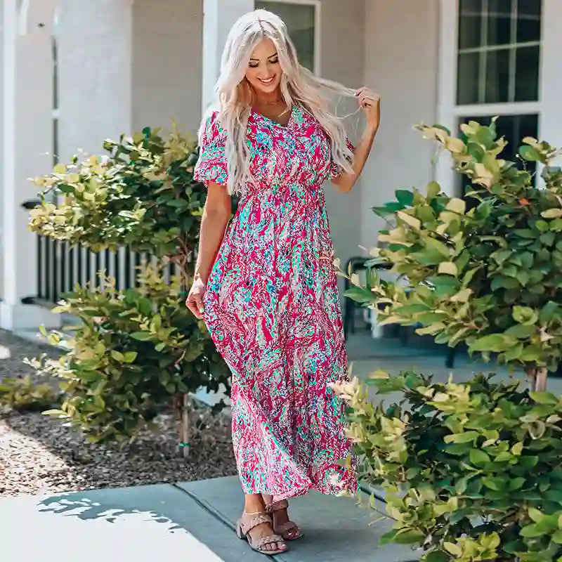 V-Neck Sleeve Floral Maxi Dress for Women