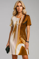 复古纹理印花短袖连衣裙