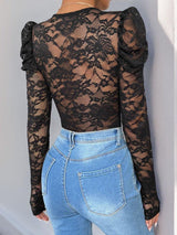 Perfee Lace V-Neck Long Sleeve Bodysuit-2