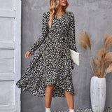 Flowers Print Long Sleeve Dress Fashion Ruffled Commuter Temperament Dresses Womens Clothing-4