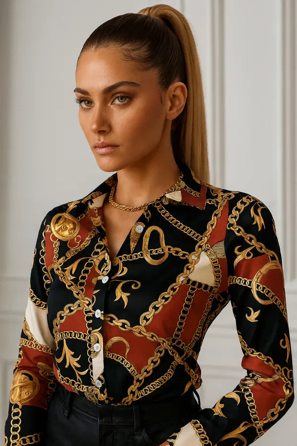 Luxury chain print blouse in black and gold – bold women’s fashion top
