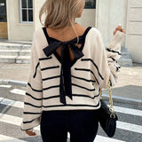 Striped V-Neck Bow Back Sweater