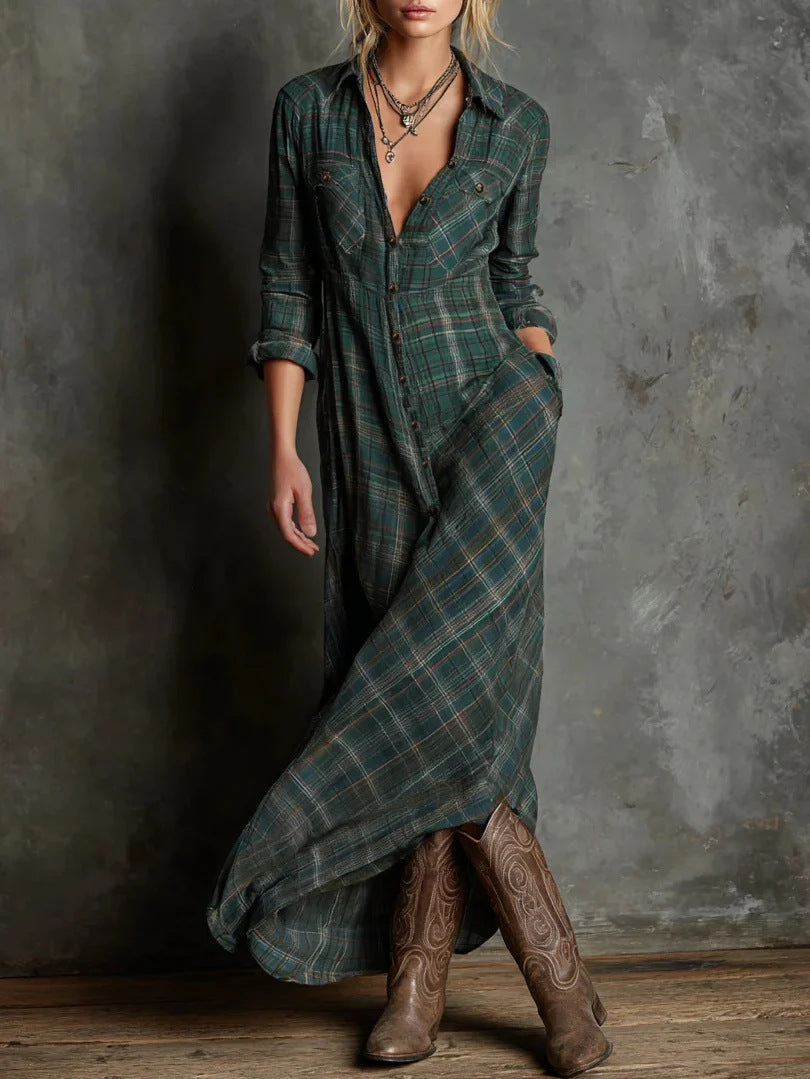 Casual Long Sleeve Lapel Plaid Long Dress