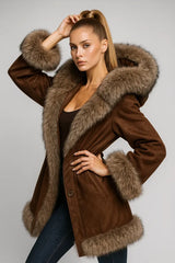 Women's elegant brown coat with faux fur hood and cuffs - chic winter fashion