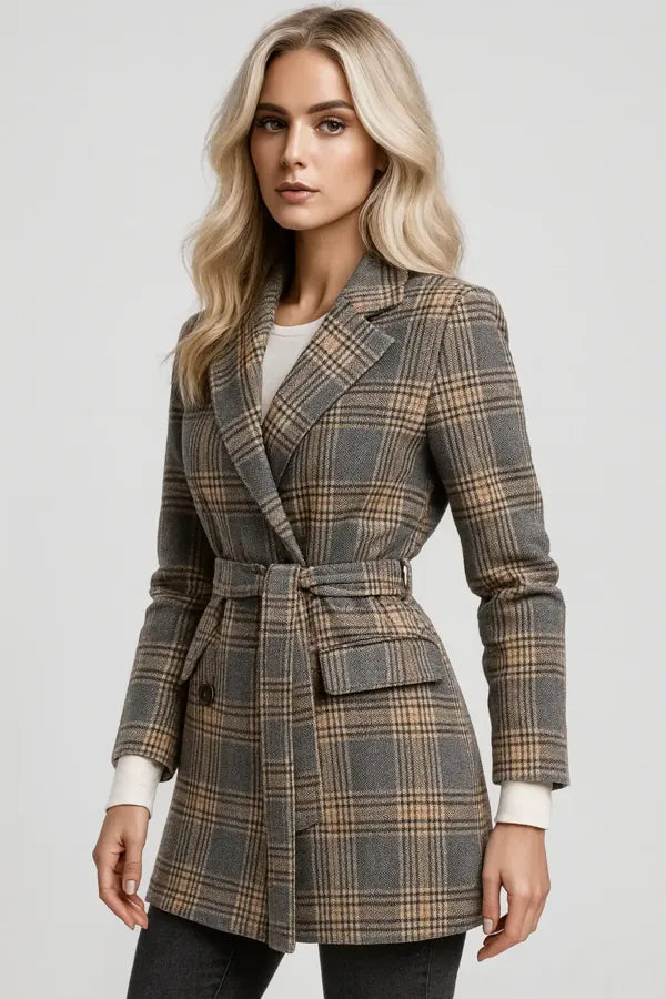 Stylish plaid belted wool coat for women in grey and beige checks – elegant fall outfit
