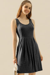 Doublju Full Size Round Neck Ruched Sleeveless Dress with Pockets-CHARCOAL-7