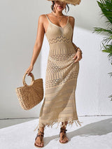 Openwork Scoop Neck Cover-Up Dress-Camel-1