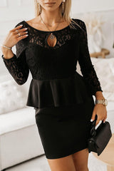 Lace Detail Long Sleeve Mini Dress-Black-1