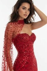 Red sequin strapless gown with sheer embellished cape, luxury evening dress for women