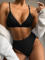 Spaghetti Strap Ribbed Bikini Set-Black-11