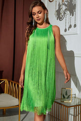 Sleeveless Round Neck Fringe Dress-Lime-1