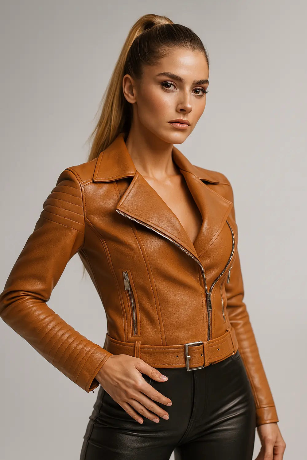 Women's camel faux leather biker jacket with quilted sleeves and belt – edgy chic style