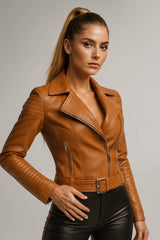 Women's camel faux leather biker jacket with quilted sleeves and belt – edgy chic style