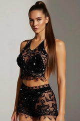 Glamorous black sparkle lace lingerie set for women - crop top and high-waist shorts