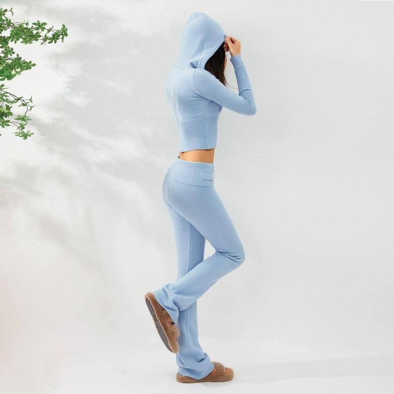 2pcs Knitted Hooded Suits Women's Long-sleeved Cardigan And High Waisted Trousers Clothing-3