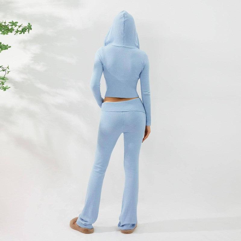 2pcs Knitted Hooded Suits Women's Long-sleeved Cardigan And High Waisted Trousers Clothing-4