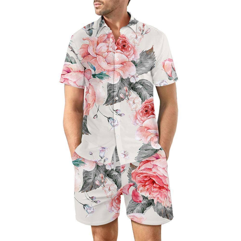 2Pcs Printed Beach Shirt Summer Suit Loose Lapel Button Top-DCS07DXCS1-3